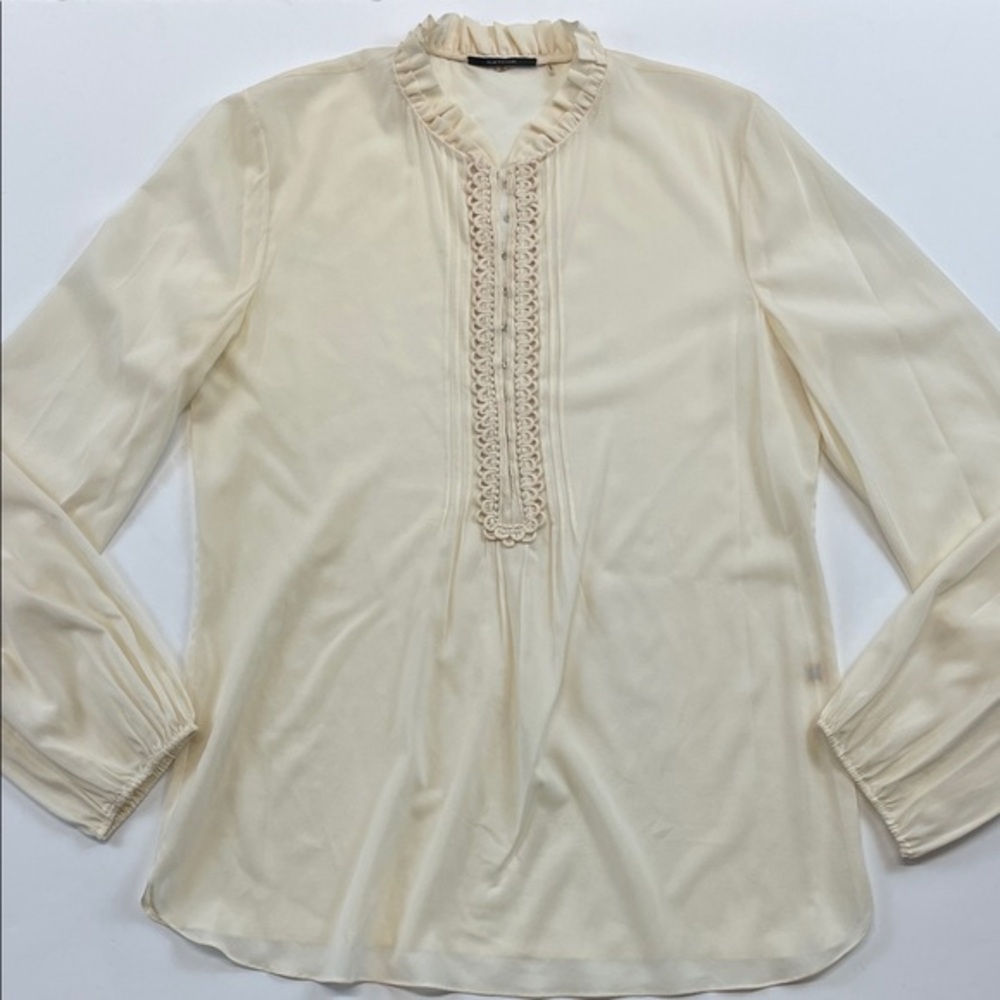 Elie Tahari Ivory Silk Ruffle Blouse Lace Trim Long Sleeve Womens Size M
